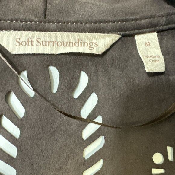 Soft Surroundings Faux Suede Jacket Open Front Brown Laser Cut Sz M Boho Western - Picture 10 of 10